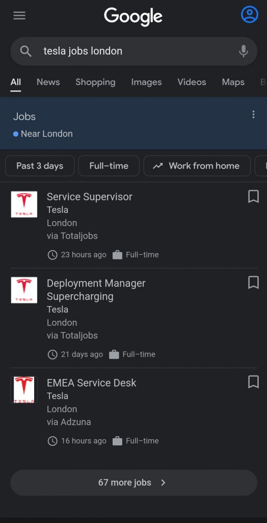 tesla job google search